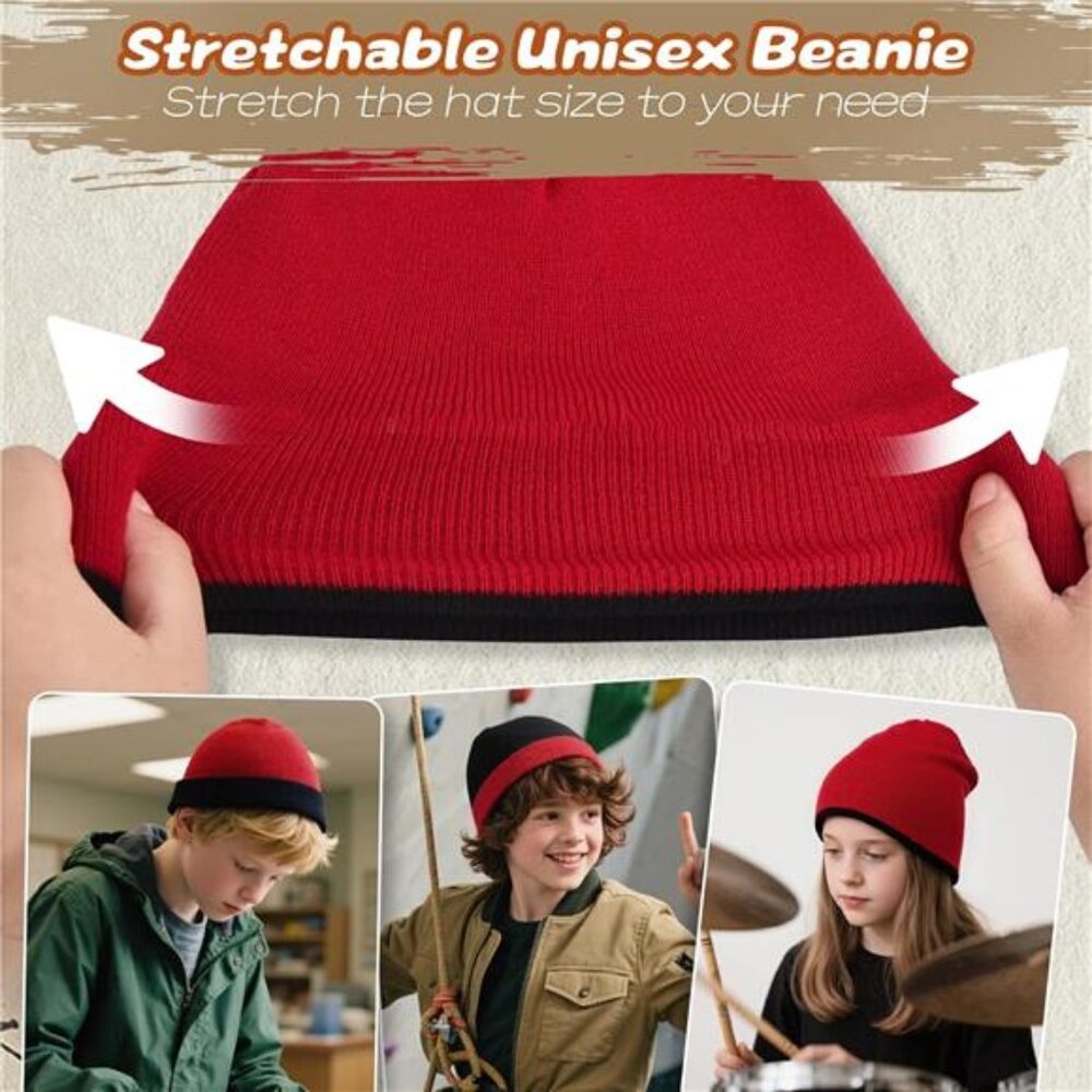 2 Pack Kids Knit Beanie Boys Girls Beanies- Kids Winter Reversible Beanie Hats - Picture 3 of 5